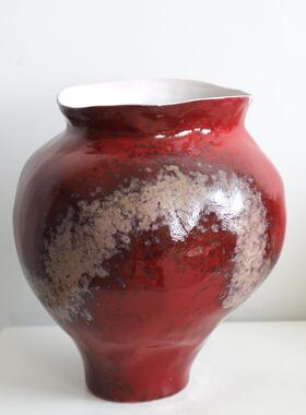 插红色圆形陶花瓶现代中式瓷客厅摆OPM件样板间民宿花玄关高级感