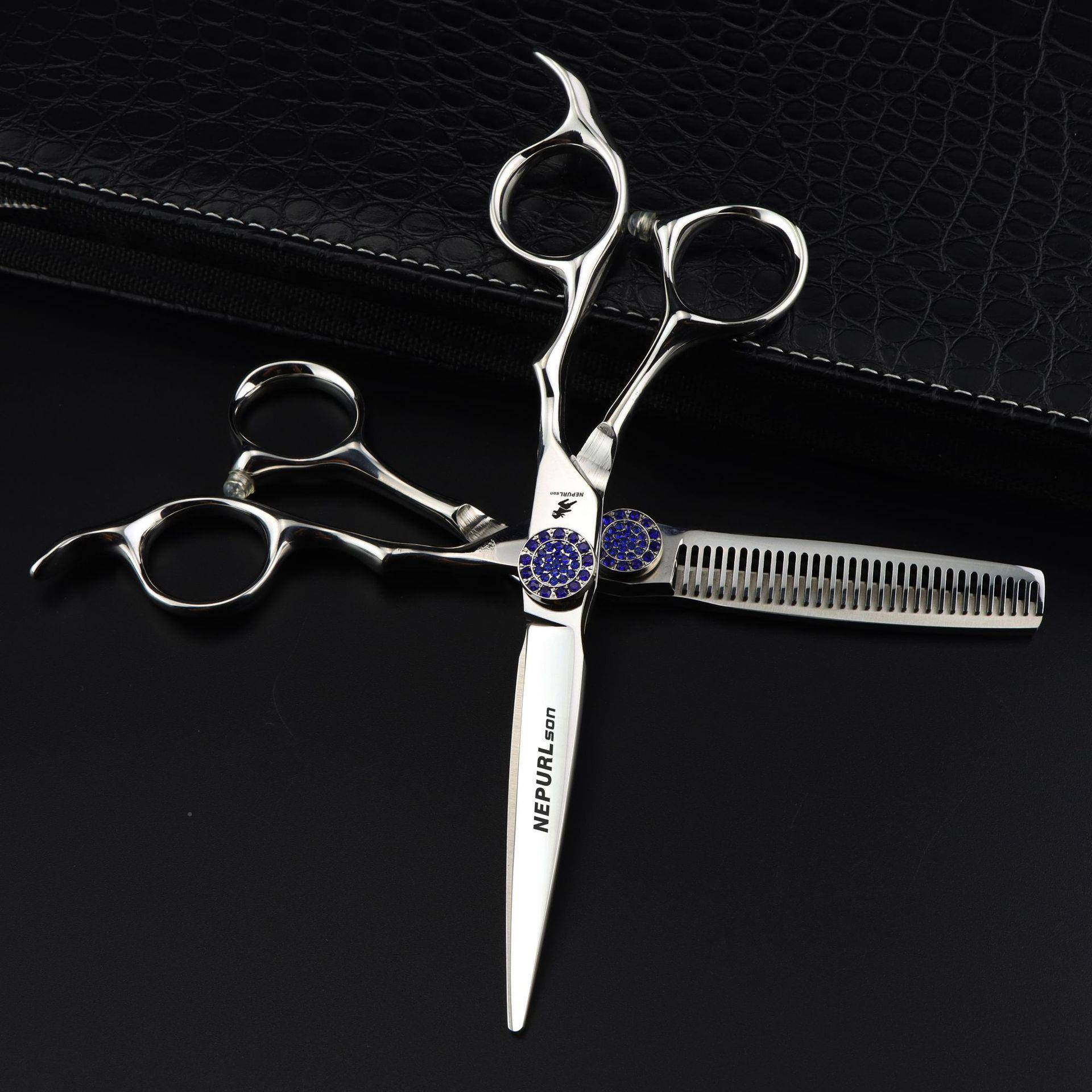 发60寸蓝色满砖美剪刀理发剪平剪牙434剪.打薄发廊美发师专用