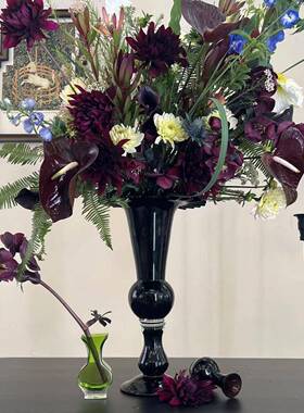 Vintae中式黑色DAC法高脚杯玻璃花器花g瓶高款家古居装饰