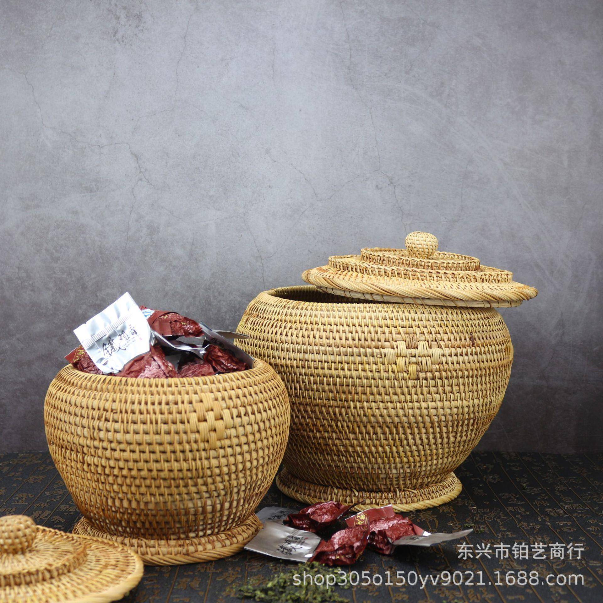 越南零藤编水果篮子客厅TTG0001圆形盖水果糖盘天坛罐食果收纳有