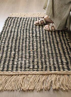 无胶编手织黄麻地毯FS758530工流苏复轻古卧室床边双边面毯简约入