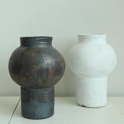 粗陶花器复古陶花罐大插口径陶土陶瓷器摆绿件白色黑金HNK植花日