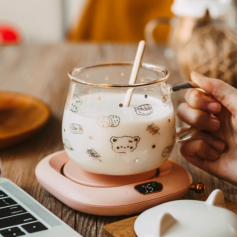 55度恒温大肚玻璃杯女可爱家用热牛奶保温水杯带把早餐杯子带盖勺