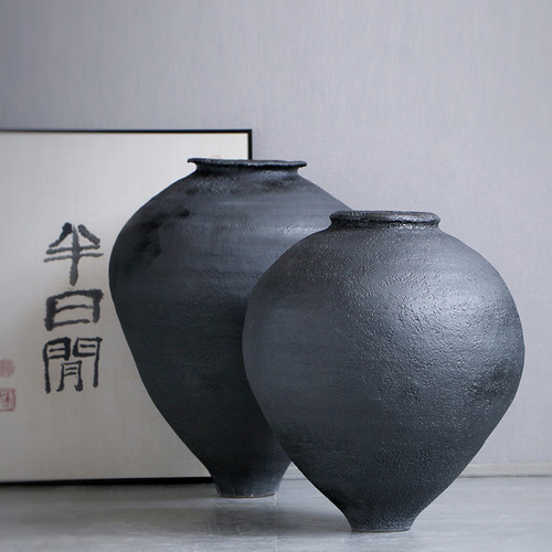 中式复古粗陶落地大型陶罐黑色陶瓷花瓶插花摆件客厅酒店软装饰品