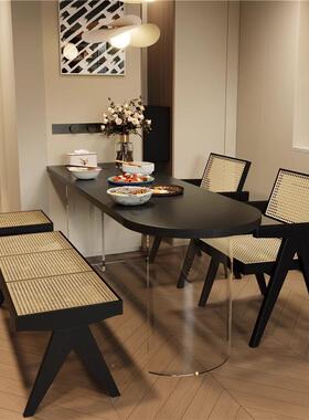 小户型实木形桌椅组合桌家用黑色半弧椭圆饭桌亚克力DOS悬长条餐浮桌