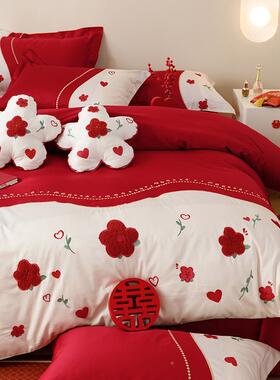V45O新中式结F77JS97J婚红色床上毛四件套100S巾绣喜被嫁纯棉庆陪