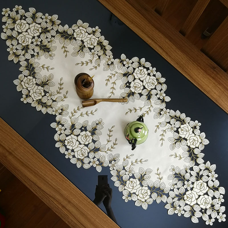 中式欧式布艺绣花镂空桌旗