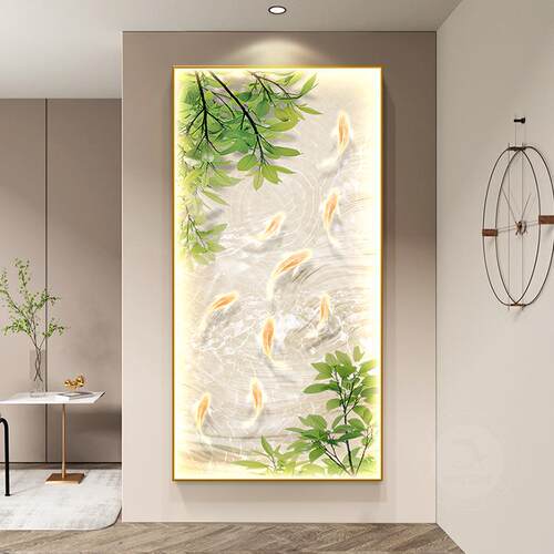 奶油风廊九鱼图玄关装饰竹QYJX2308子走过道挂画小清新画绿入植户