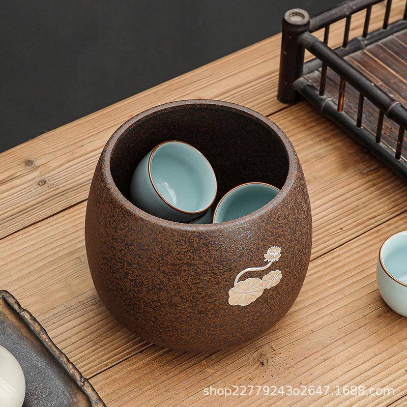 粗缸陶茶渣缸建废水家用复古陶瓷茶洗水茶464361缸水盂茶具配件茶
