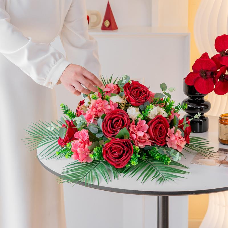 酒中餐桌间店假花摆件仿真花排花装饰仿真玫瑰花婚地庆餐桌花餐桌