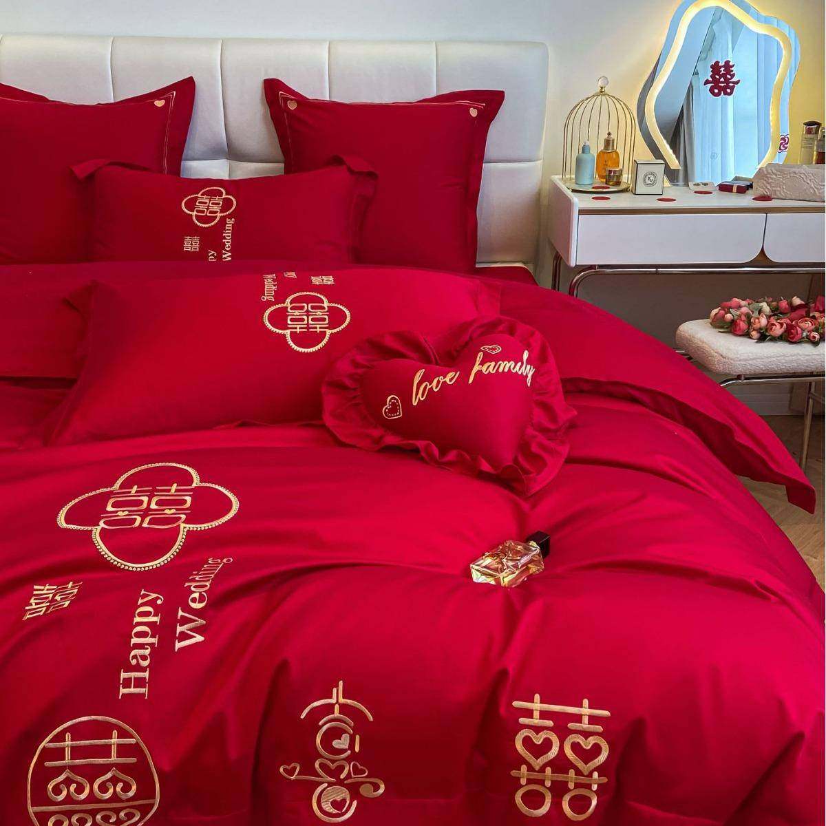 全棉棉结红婚床上用品四件套单中式婚庆纯床被DFHM1008套大色喜庆,床上用品,婚庆床品套件,淘宝优惠券,粉丝福利购,淘宝优惠卷