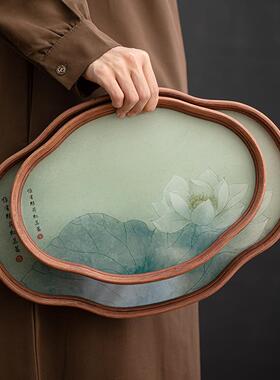 棠玻璃荷花托盘茶盘型中式壶高承干小泡台竹制档茶具海24JS10-0收