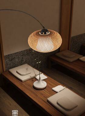 中式落钓鱼地灯茶室禅意41225客厅卧书室房民宿复古式风竹编日地