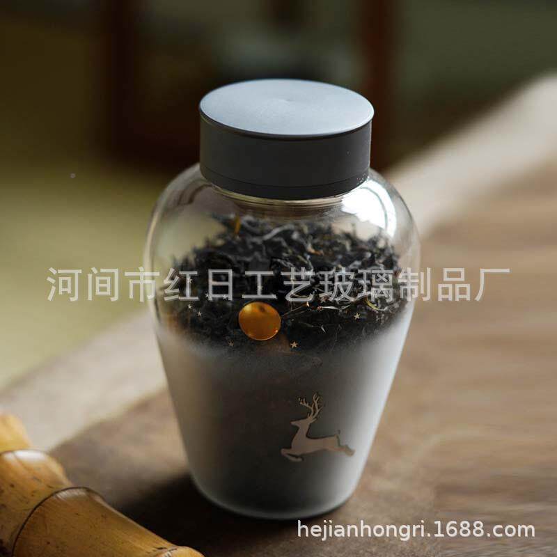 日式手工砂磨玻璃小鹿叶金罐铝合属盖密封储茶物罐迷你099咖啡豆