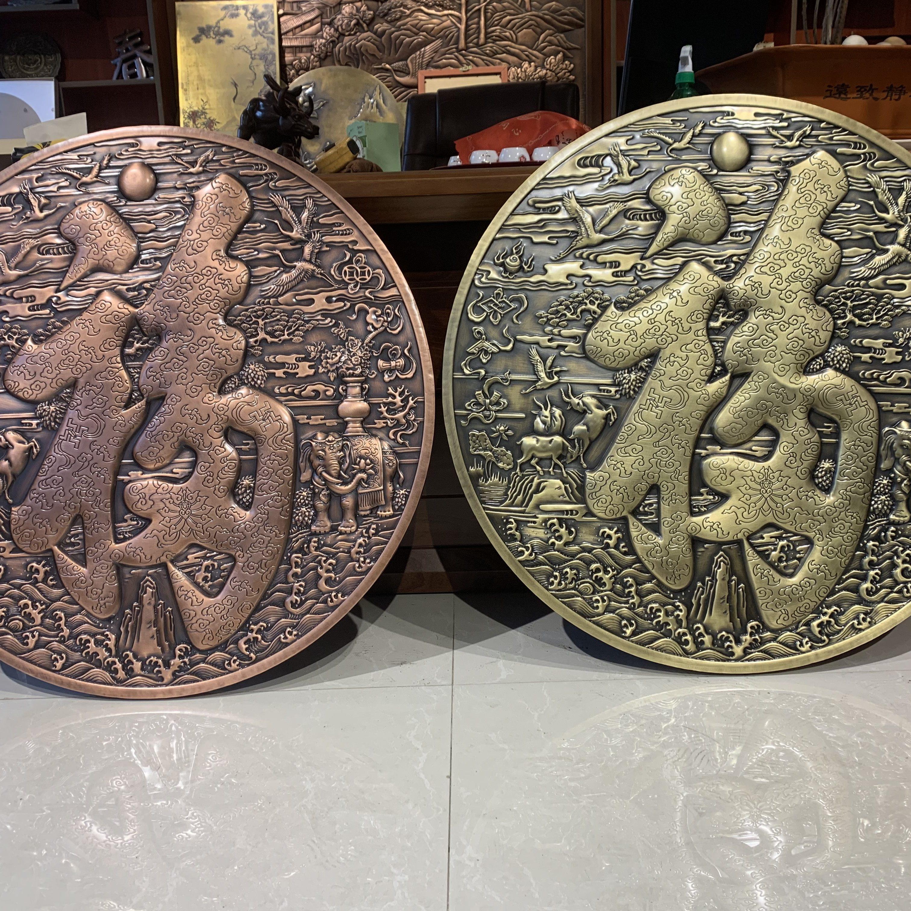 纯铜福字百福图定制圆形装饰浮雕影壁墙文化墙挂画国风中式铜版画