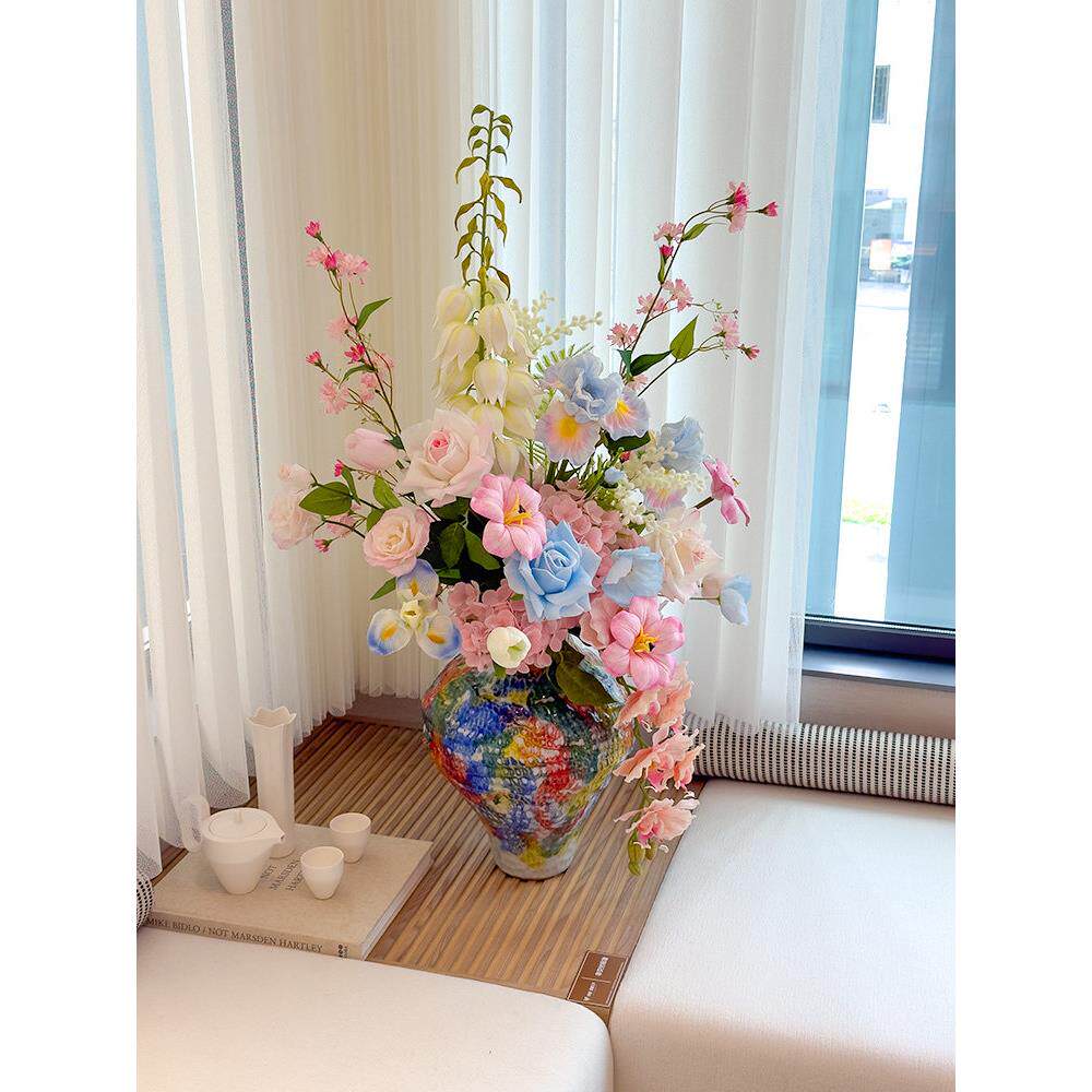 wo+高档手感保湿家居摆设粉色系绣球玫瑰郁金香花束陶瓷花瓶插花