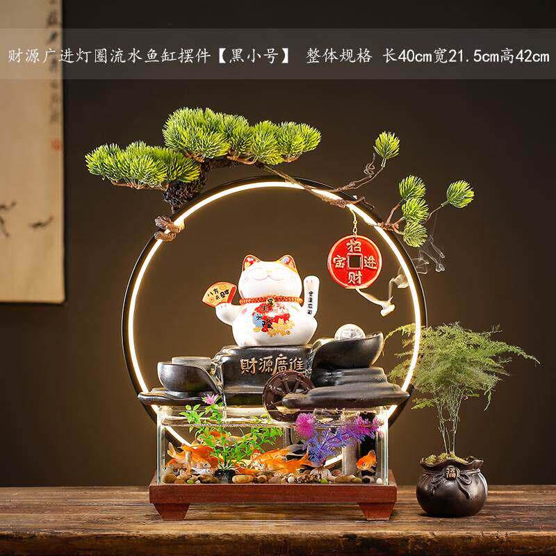 招财猫流水鱼缸摆件创意中式陶瓷客厅办公室前台桌面装饰开业礼品