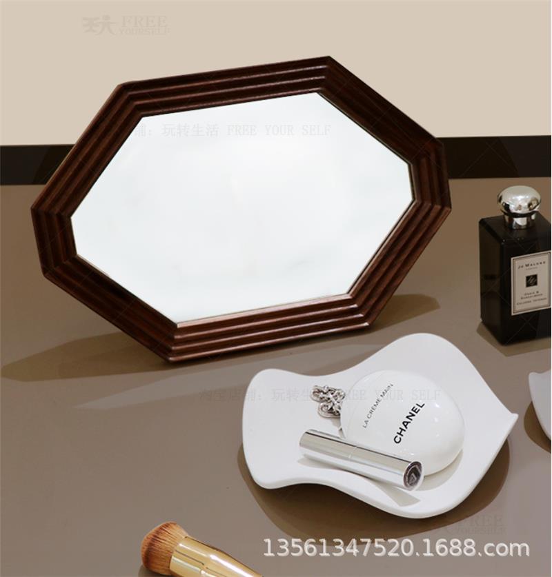 客法式复八角s885化妆挂镜桌古面木质梳妆厅镜可壁黑胡桃木镜子