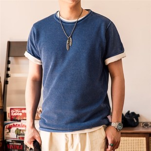 红风 复古短袖蓝染T恤剑道刺子衫宽松纯棉圆领套头针织衫男夏季