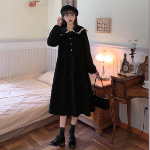 灯芯绒长袖连衣裙子少女春秋装2021新款初中高中学生学院风娃娃领