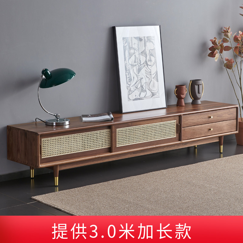 黑胡桃木电视柜轻奢复古藤门推拉门简约客厅家具白橡木樱桃木原木