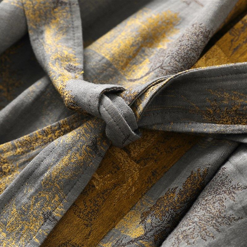 长袖睡袍男士精梳纯棉纱提花全棉宽腰带浴袍国风大气春夏家居服薄