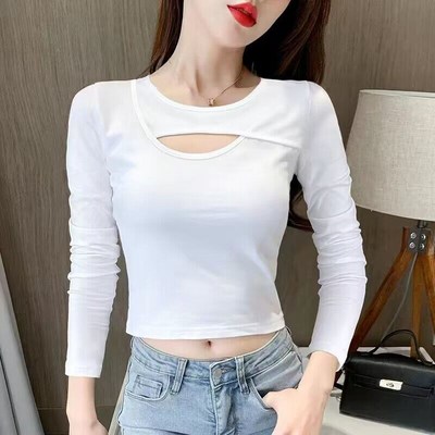 秋季镂空高腰露脐短款打底衫t恤新款修身百搭内搭长袖紧身上衣女
