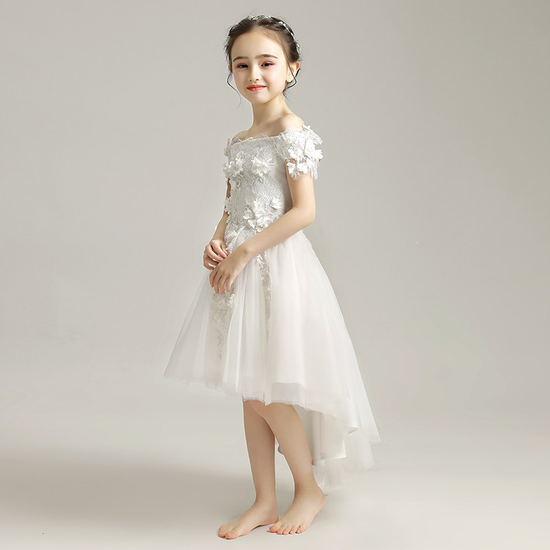 儿童礼服女童婚纱小花童前短后长蓬蓬白纱公主裙弹钢琴演出服秋