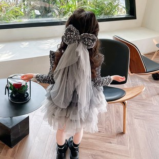 女童渐变裙子粉色春秋款2024新款秋季女孩宝宝秋装公主裙连衣裙春