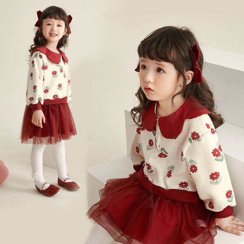 女童卫衣裙秋冬女孩红色过年连衣裙宝宝新年公主儿童加绒裙子冬季