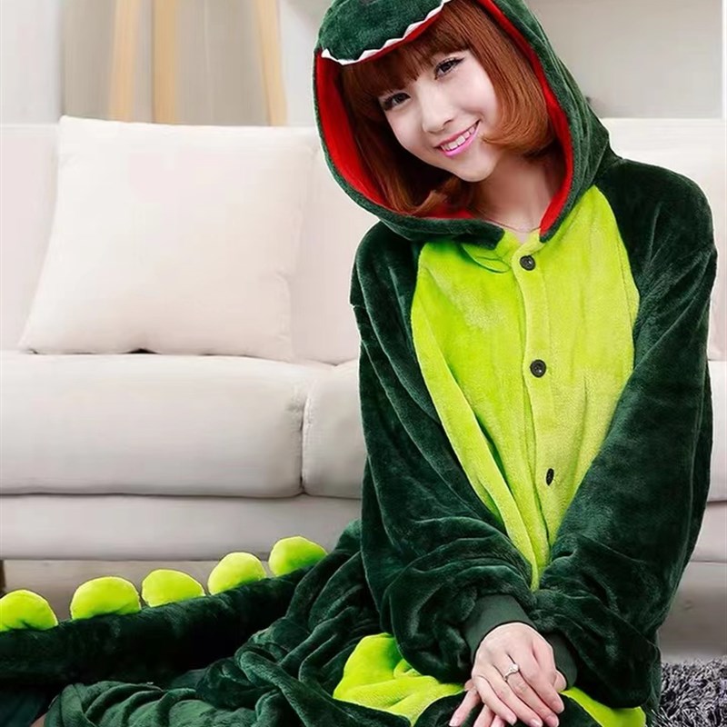 恐龙睡衣秋冬卡通连体法兰绒男士加厚家居服可爱动物女生珊瑚演出