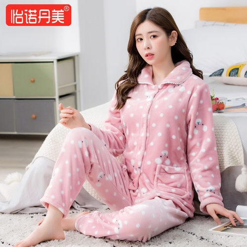 加厚秋冬季法兰绒睡衣女套装情侣珊瑚绒可爱长裤大码保暖绒家居服