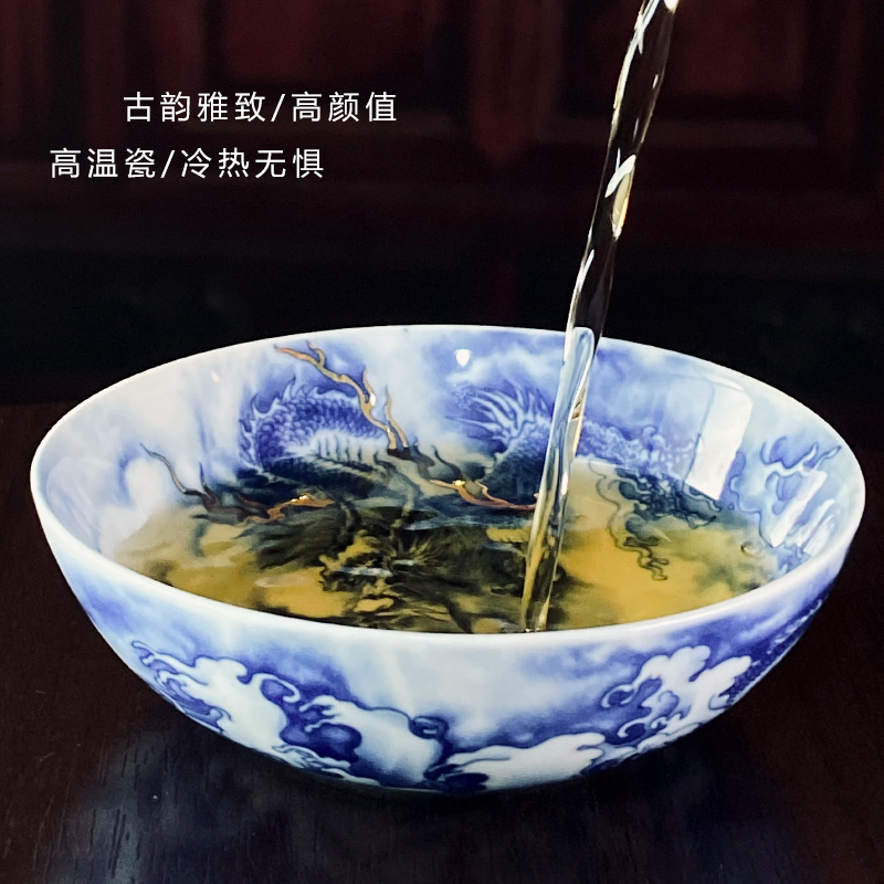 单杯仿古青花茶杯陶瓷矾红墨彩龙纹普洱杯茶盏景德镇茶具主人杯男