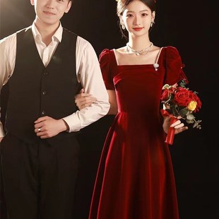 酒红色高级感敬酒服新娘回门服结婚订婚礼服裙平时可穿法式连衣裙