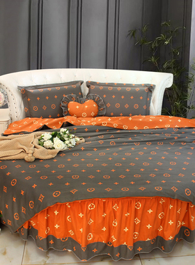 新款深灰色橘色老花纯棉大气简约花型圆床被套圆床单圆床四件套2m