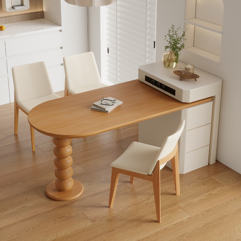 小户型奶油原木风岩板岛台加餐桌一体可伸缩家用厨房高级实木倒台