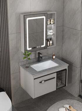 台卫生间浴室组REQ合家用洗手台盆岩板小户柜洗型漱智能镜柜一体