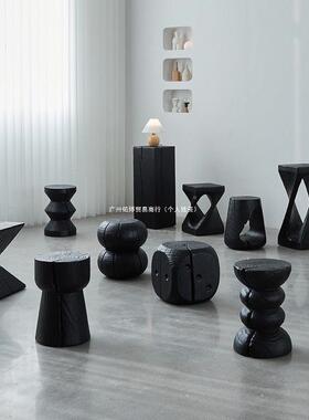 木墩子WRP树底座木实木木桩桩摆件民宿诧寂风原边几碳化凳黑色根