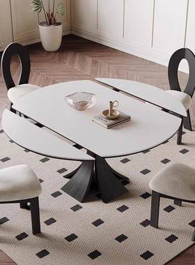 法式古圆形可伸XPP缩岩板餐桌白色家窕用型小户意式轻奢复窈实木