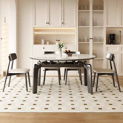 W7实木餐桌家用岩可缩方多圆ULN伸两用功能带电磁炉转盘板饭桌现