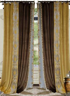 欧式古复客帘奢PGP华高端丝绒刺绣黄色拼接厅卧窗室轻奢美式别墅
