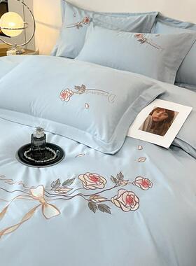 贡高床端A类100支长绒三棉全棉缎绣花四件套纯棉被套床VIU单笠款
