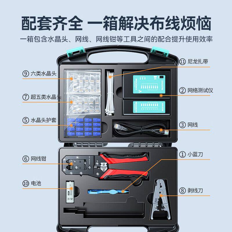 山泽网线钳网络工具箱套装带测线仪水晶头压线钳剥线刀扎带家用SZ