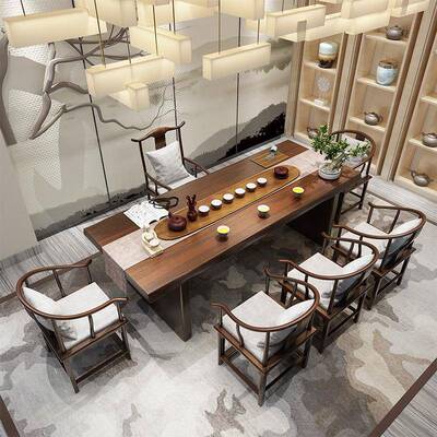 办公室茶台桌椅组合一体实木茶桌套QFO茶茶室原板木大茶台全套全