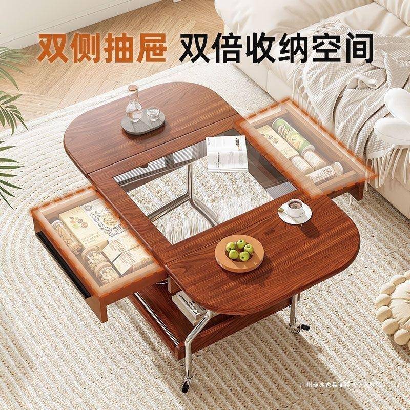 中古风折叠几茶几边可移可动收家ZZH用小户型客厅移动圆桌阳台推