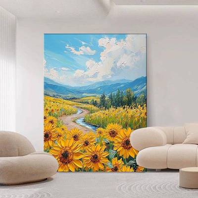 美式园风景客厅手油画向日葵花田QWE-2302装饰画蓝绘天白肌理玄关