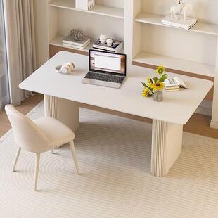 奶油风岩板RVW脑书房桌现代简约轻书奢法式 极简办公桌长形方家用