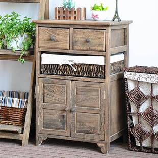 美式田收园实床头柜藤木编纳古柜卧室复柜子抽屉五10037532斗柜小