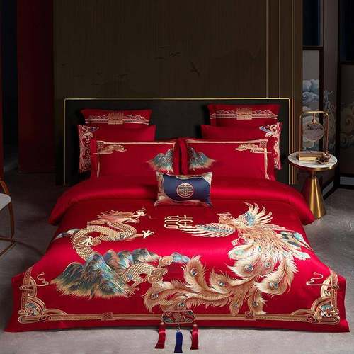 高端时尚23813KYF140支提全棉缎花刺绣庆婚贡四件套结婚纯棉多件