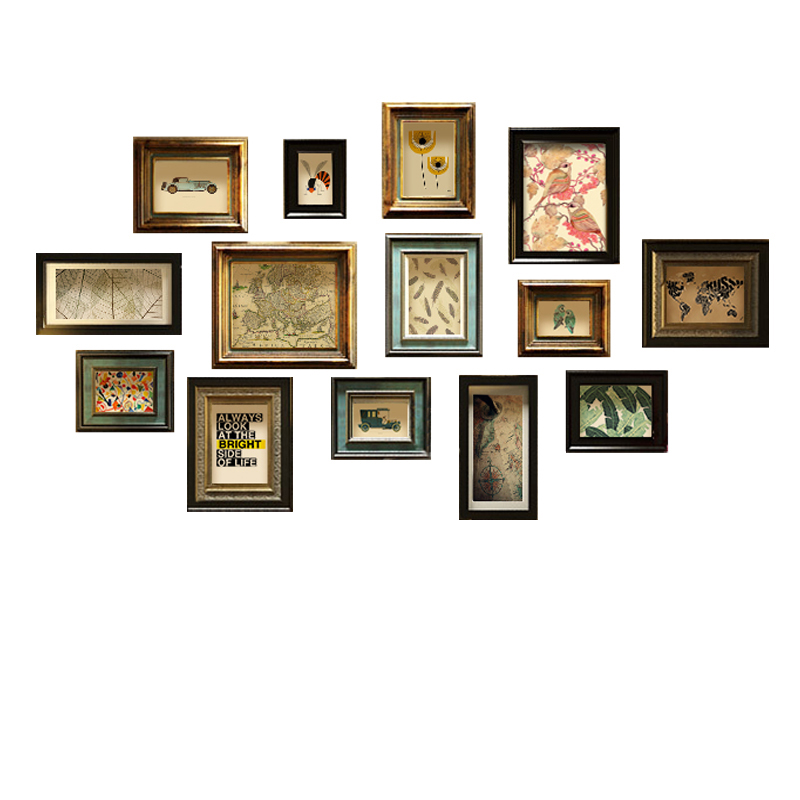 美式实木照片墙客厅餐厅相框墙欧式复古做旧挂墙玄关背景墙组合画